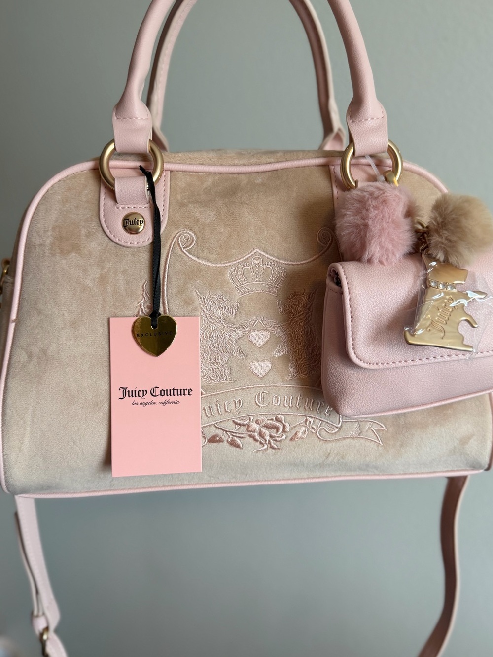 Juicy Couture New Love Chapter Satchel Beige pink Velour Scottie Dogs Satchel
